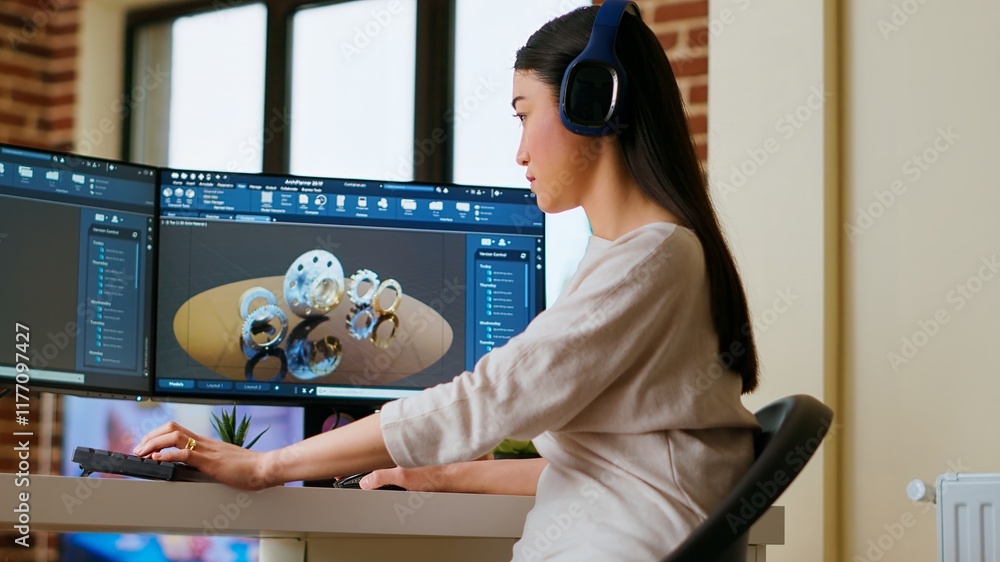 Poster asian industrial designer puts headset on and works with 3d rendering software, creative freelance t