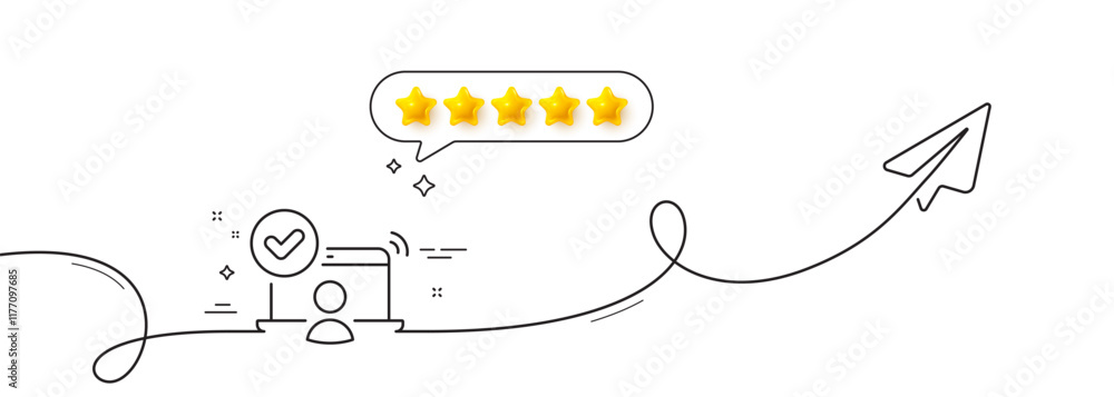 Poster confirmed online access line icon. continuous line with share plane. approved notebook sign. verifie