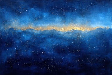 Obraz premium Golden light breaking through dark blue, starry night sky over misty mountain range, suitable for calming backgrounds