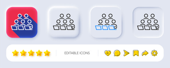 Obraz premium Teamwork line icon. Neumorphic, Flat shadow, 3d buttons. Remote office sign. Team employees symbol. Line teamwork icon. Social media icons. Vector