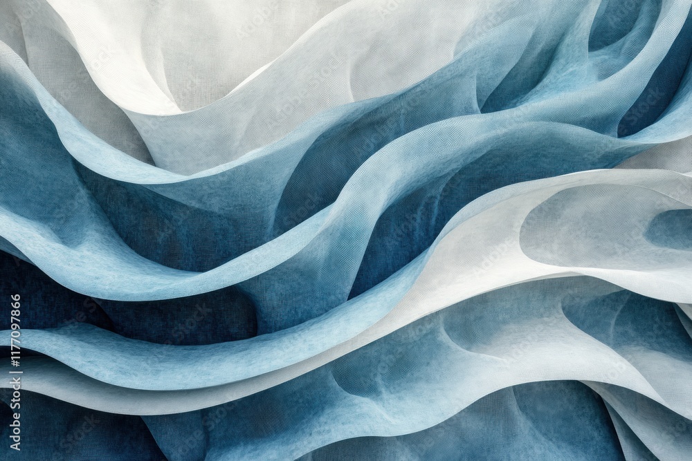 Poster Abstract waves create a flowing pattern of varying heights and curves showcasing soft textures in shades of blue and white. Generative AI