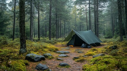 Camping setup in a misty forest with a tent surrounded by rocks and trees
