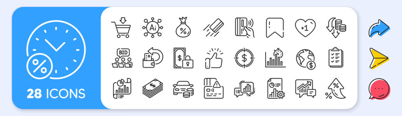 Checklist, Dollar target and Loan percent line icons. Interest rate, AI generate, Inflation icons. Pack of Buy car, Card, Report timer icon. Global business, Accounting, Graph chart pictogram. Vector