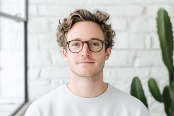 Fototapeta premium young man with curly hair and glasses smiles warmly in bright, modern space with white brick wall and green plants. His relaxed demeanor adds friendly touch to atmosphere