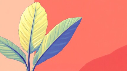 Vibrant Digital Painting: Three Tropical Leaves Gracefully Flourish Against a Coral Background. AI Generated