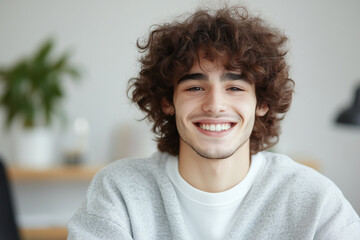 Smiling young man with curly hair in cozy indoor setting, exuding warmth and positivity. His cheerful expression brightens atmosphere, making it inviting and friendly