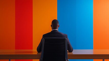 man in suit sits at desk, facing vibrant wall of colors, evoking sense of contemplation and focus. backdrop features bold red, orange, and blue stripes