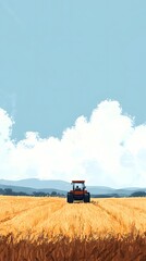 Obraz premium A farmer driving a tractor through a large wheat field under a bright, clear sky
