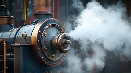 A steam engine in full motion, with thick steam billowing from the pipes.
