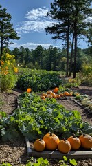 A collection of pumpkins, squash, and gourds resting in a garden patch with trees in the background