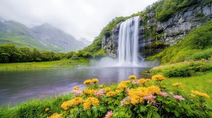 A breathtaking scene unfolds before your eyes as a majestic purple waterfall cascades down into a tranquil pool, surrounded by vibrant flowers and lush greenery