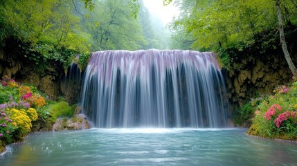 Obraz premium A breathtaking scene unfolds before your eyes as a majestic purple waterfall cascades down into a tranquil pool, surrounded by vibrant flowers and lush greenery