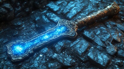 Obraz premium Golden key resting on ancient stone surface illuminated by a mysterious glow