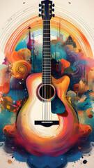 Fototapeta premium A vibrant digital illustration of an acoustic guitar, painted in vivid swirls of red, orange, blue, and yellow, blending seamlessly with abstract floral patterns. 