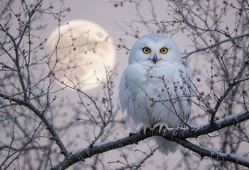 Fototapeta premium Lunar Majesty: Snowy Owl in Winter Twilight
