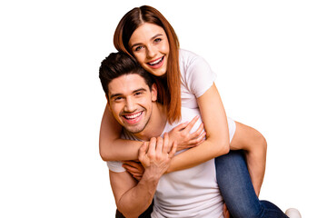 Close-up portrait of his he her she two nice attractive cheerful cheery optimistic people wife...