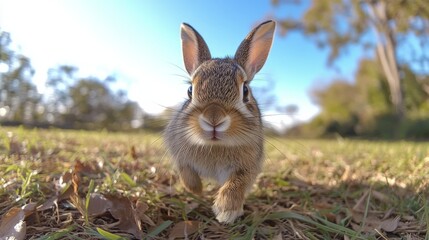 Rabbit hopping joyfully across a grassy field under a clear blue sky