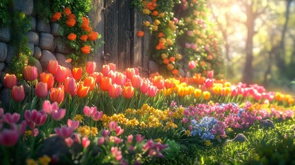 Vibrant Spring Garden: A Sunlit Tapestry of Tulips and Blossoms