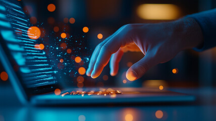 hand reaching towards laptop keyboard, with glowing code and sparks, symbolizes technology and innovation. scene evokes sense of creativity and digital transformation