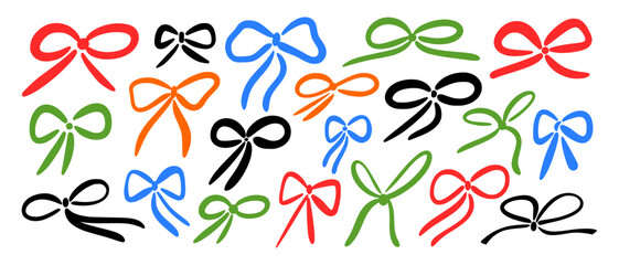 Set of tied bows from thin multi-colored ribbons. Vector illustration in minimalistic simple style on white isolated background for gift wrapping.