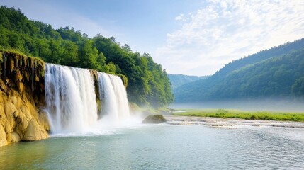 Fototapeta premium Amidst the lush greenery of the dense forest, a majestic cascade of water tumbles gracefully down a rugged rock face