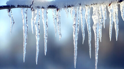 A winter tree branch with icicles glistening in sunlight