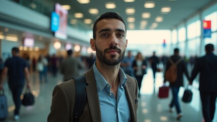 Businessman standing in busy airport terminal concourse