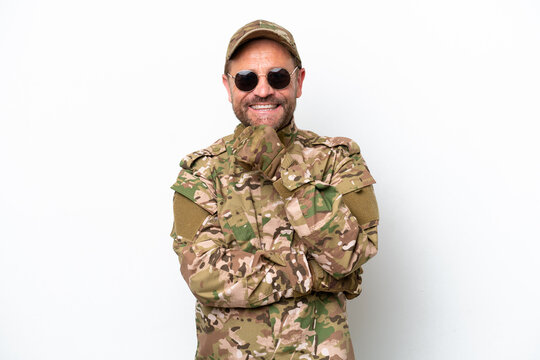 Military man isolated on white background with glasses and smiling