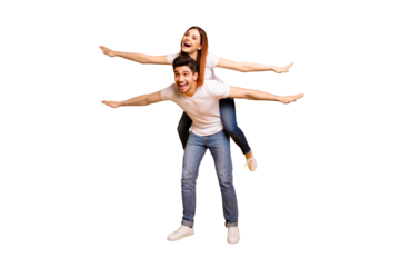 Full length body size view portrait of his he her she two nice attractive cheerful optimistic people having fun trip fly vacation holiday isolated over vivid shine bright yellow background