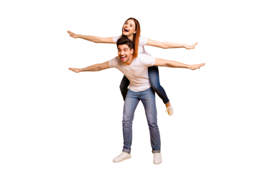 Full length body size view portrait of his he her she two nice attractive cheerful optimistic people having fun trip fly vacation holiday isolated over vivid shine bright yellow background