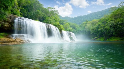 Fototapeta premium The deep rain forest jungle waterfall cascades down a series of lush green cliffs, feeding into a crystal clear pool below surrounded by vibrant, diverse flora and fauna.