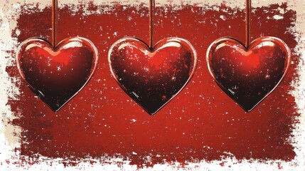 Three glossy red hearts hanging against a grunge background.