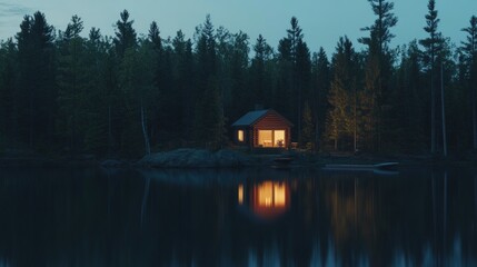 Obraz premium Secluded Cabin by the Lake at Dusk