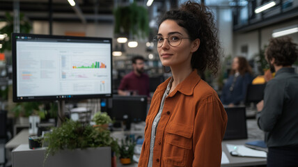 young woman with curly hair and glasses stands confidently in modern office, surrounded by colleagues and greenery, showcasing collaborative work environment