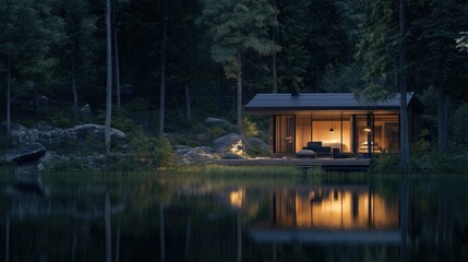 Obraz premium Serene Lakeside Cabin Retreat: A Nighttime Escape in the Woods