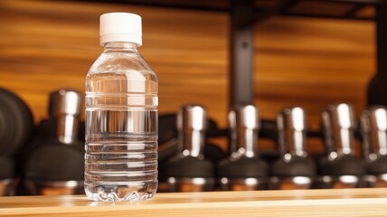Refreshing water bottle on gym bench with dumbbells indoor fitness environment focused viewpoint