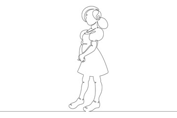 A child with a large mug with a glass in his hands. Little girl in a dress.One continuous drawing line  logo single hand drawn art doodle isolated minimal illustration.