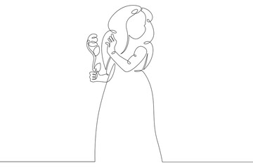 A child with a large mug with a glass in his hands. Little girl in a dress.One continuous drawing line  logo single hand drawn art doodle isolated minimal illustration.