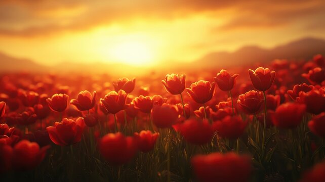 Golden hour tulip field closeup nature photography scenic landscape serene environment