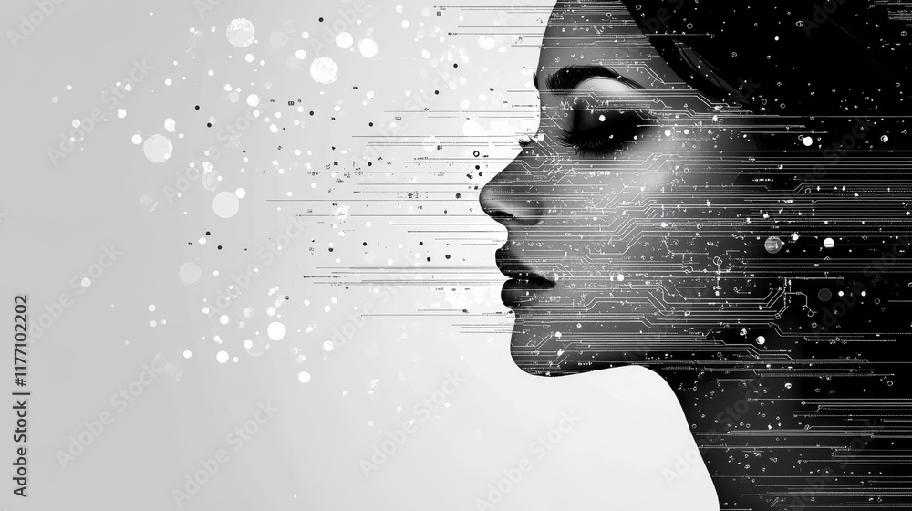 Aufkleber abstract profile of woman with glowing digital circuit pattern on gray tech theme background