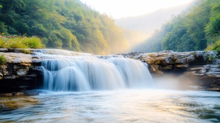 Fototapeta premium The shimmering cascade of water gracefully tumbles down a series of rocky tiers, surrounded by a lush green forest of towering trees and colorful wildflowers