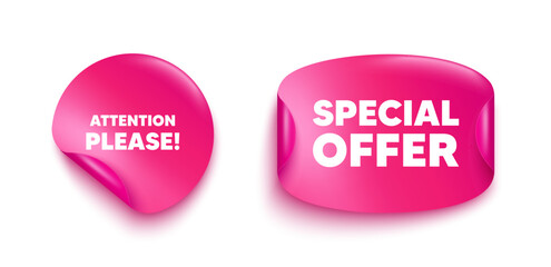 Attention please sticker banner. Paper price label. Attention please tag. Special offer sign. Important information symbol. Paper sticker with message. Offer label banner. Vector