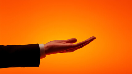 hand reaching out against vibrant orange background, symbolizing openness and opportunity. elegant suit adds touch of professionalism to gesture