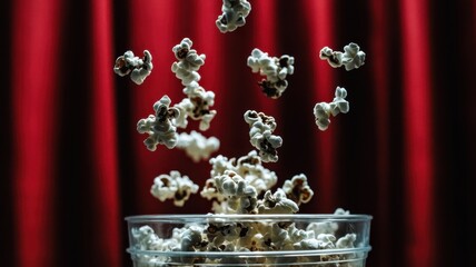 Action-packed popcorn spill movie theater macro shot red background close-up snack excitement