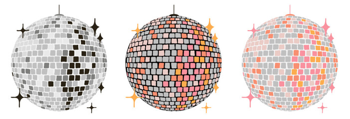 Disco ball vector illustration set with mirror tiles and sparkling effects
