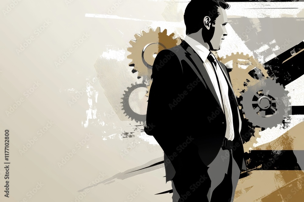Poster stylized vector illustration of a businessman profile with gears and assembly lines in sharp contras