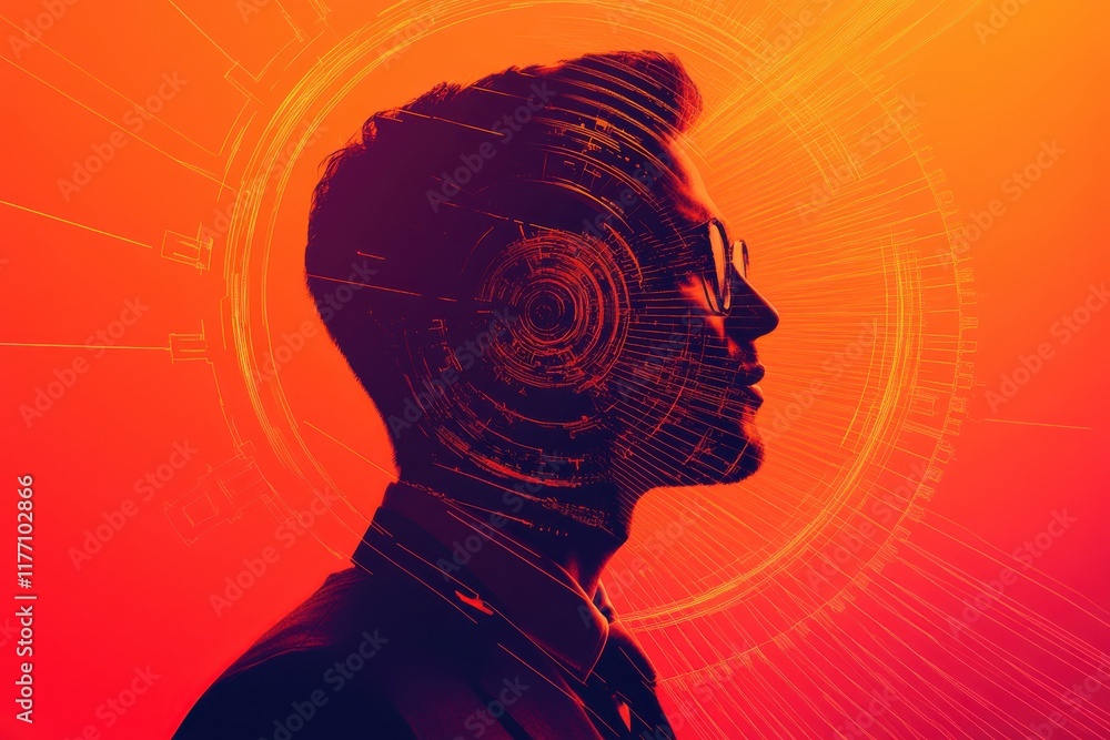 Poster stylish profile of a businessman with gears and assembly lines in a vibrant metallic gradation, perf