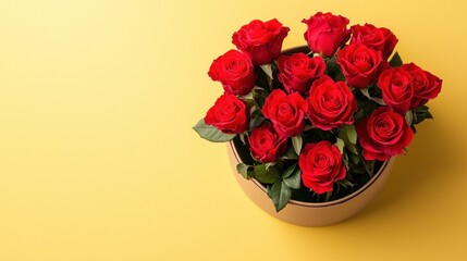 Celebrating love with red roses home decor floral arrangement bright yellow background