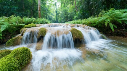 Obraz premium The waterfall cascades gracefully down a series of moss covered rocks, surrounded by lush green ferns and towering trees in the dense jungle of Phu Tub Berk