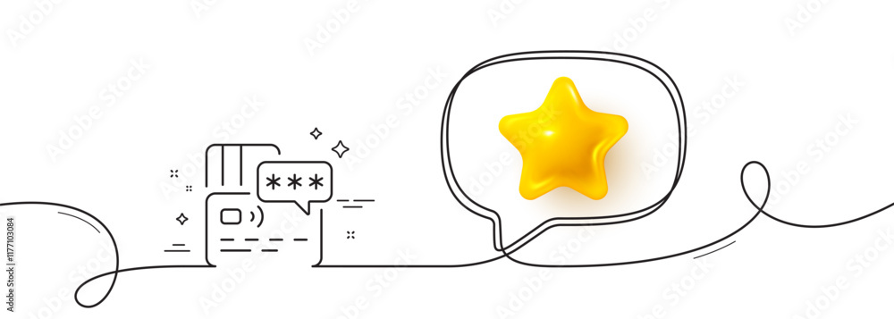 Poster credit card line icon. continuous line with 3d star. bank money payment sign. password protection sy